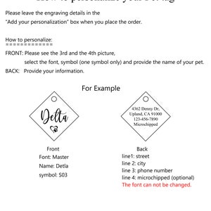 May include: How to personalize your pet tag.  Instructions for customizing a pet tag with a name, font, and symbol.  Example of a pet tag with the name "Delta" and a paw print symbol.  The back of the tag includes space for a street address, city, phone number, and microchip information.