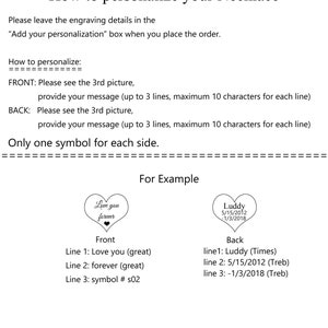 May include: Image detailing how to personalize a necklace. Instructions include providing engraving details in the personalization box. Examples show heart-shaped pendants with custom text and dates, demonstrating front and back engraving options.