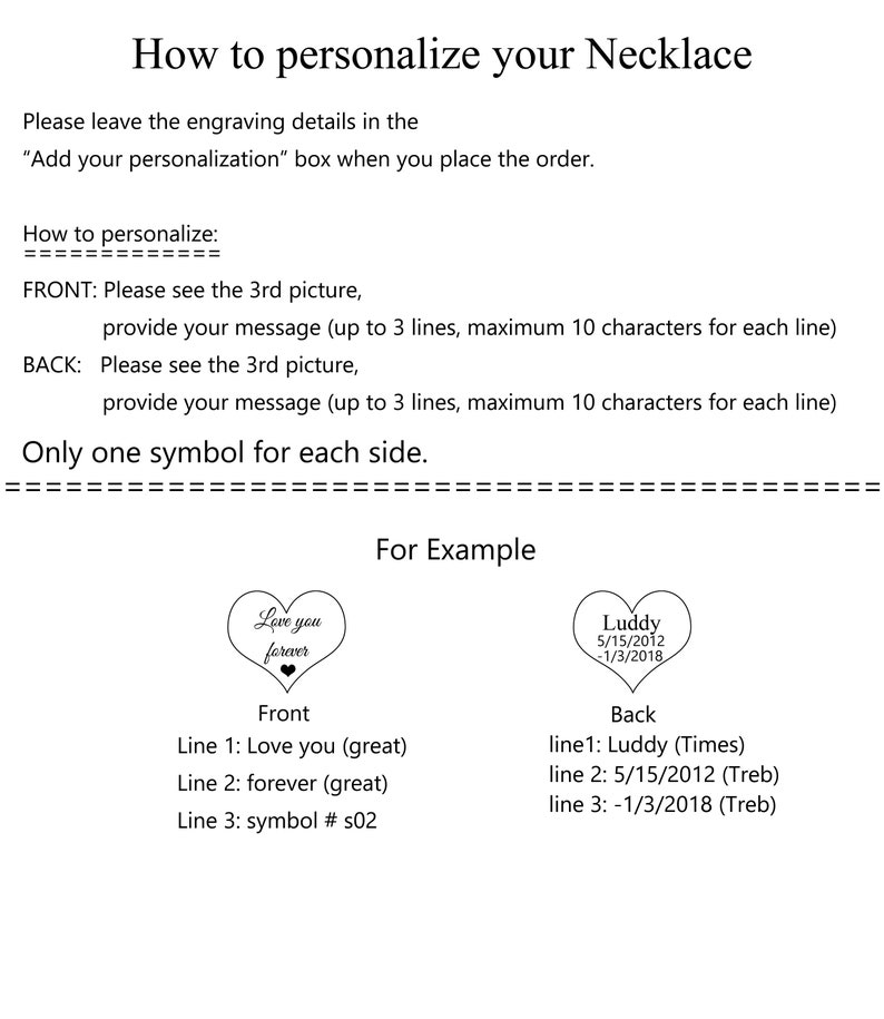 May include: Image detailing how to personalize a necklace. Instructions include providing engraving details in the personalization box. Examples show heart-shaped pendants with custom text and dates, demonstrating front and back engraving options.