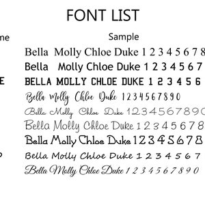 May include: A list of font names and samples of each font. The font names are Times, Treb, COLLEGE, Master, Sacra, Free, Grass, Seago, and Great. Each font name is followed by a sample of the font, which includes the words "Bella Molly Chloe Duke" and the numbers 1 through 9.