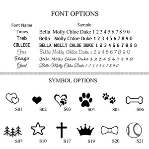 May include: Image showcasing font and symbol options. Font options include Times, Treb, COLLEGE, Free, Seago, and Great, with sample text. Symbol options feature hearts, paw prints, stars, a cross, a crown, a bow tie, and a baseball.