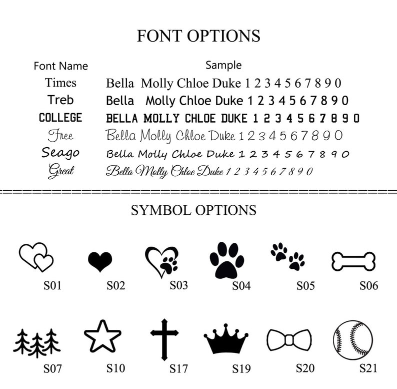 May include: Image showcasing font and symbol options. Font options include Times, Treb, COLLEGE, Free, Seago, and Great, with sample text. Symbol options feature hearts, paw prints, stars, a cross, a crown, a bow tie, and a baseball.