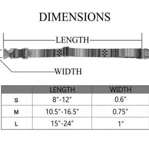 May include: A chart showing the dimensions of a dog collar in inches. The chart shows the length and width of the collar in sizes small, medium, and large.