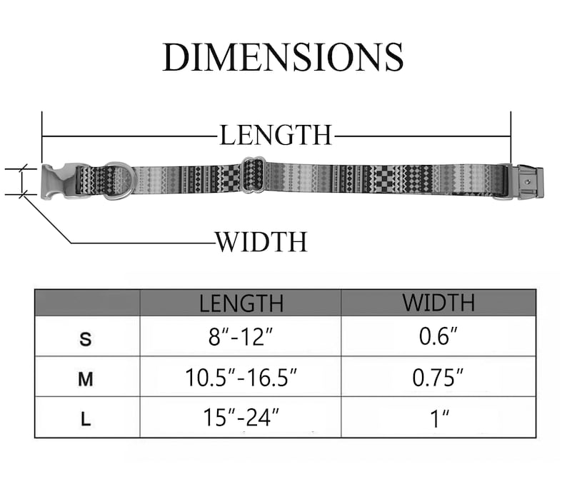 May include: A chart showing the dimensions of a dog collar in inches. The chart shows the length and width of the collar in sizes small, medium, and large.