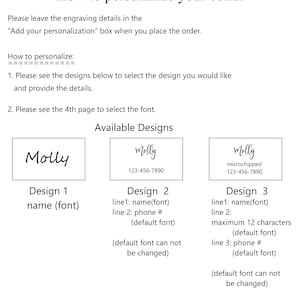 May include: Three different designs for a personalized dog collar. Design 1 shows the name "Molly" in a handwritten font. Design 2 shows the name "Molly" with a phone number. Design 3 shows the name "Molly" with the word "microchipped" and a phone number.