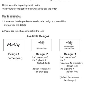 Puede incluir: Tres dise&ntilde;os diferentes para un collar de perro personalizado. El dise&ntilde;o 1 muestra el nombre "Molly" en una fuente manuscrita. El dise&ntilde;o 2 muestra el nombre "Molly" con un n&uacute;mero de tel&eacute;fono. El dise&ntilde;o 3 muestra el nombre "Molly" con la palabra "microchipado" y un n&uacute;mero de tel&eacute;fono.