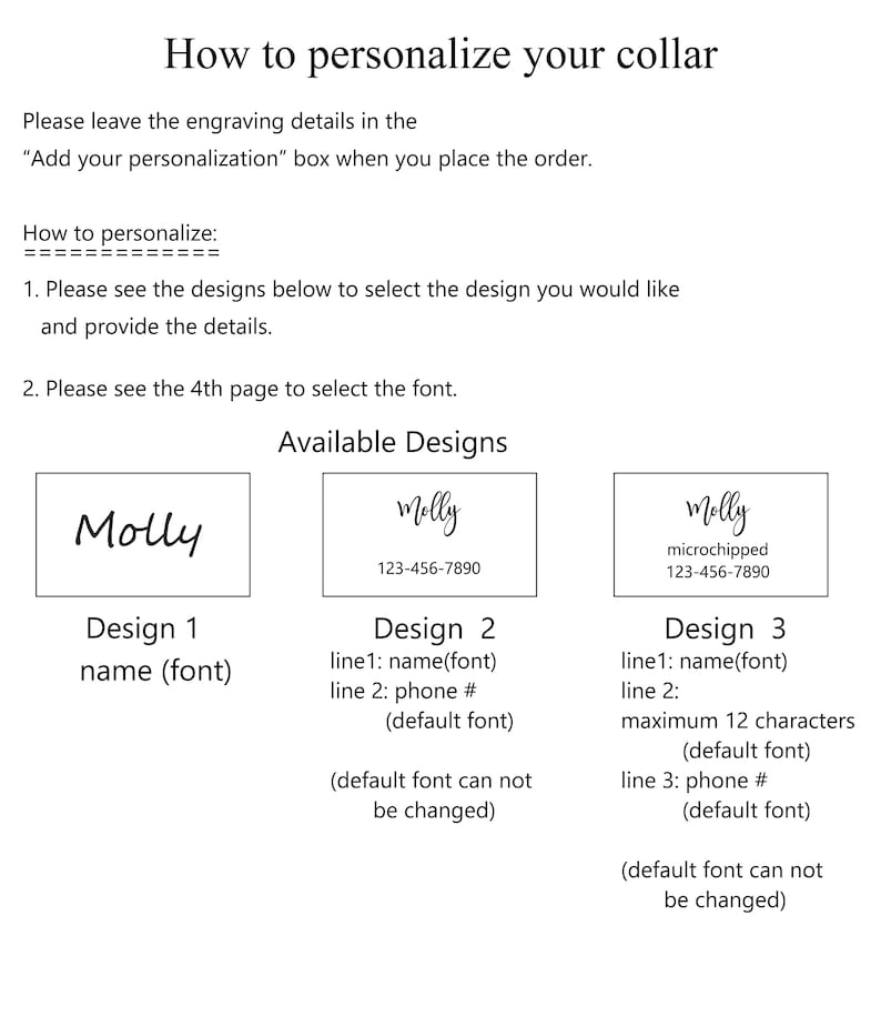 Puede incluir: Tres dise&ntilde;os diferentes para un collar de perro personalizado. El dise&ntilde;o 1 muestra el nombre "Molly" en una fuente manuscrita. El dise&ntilde;o 2 muestra el nombre "Molly" con un n&uacute;mero de tel&eacute;fono. El dise&ntilde;o 3 muestra el nombre "Molly" con la palabra "microchipado" y un n&uacute;mero de tel&eacute;fono.