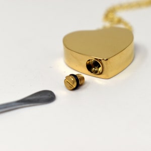 May include: A gold-colored heart-shaped pendant necklace with a screw-top opening. A small, gold-colored screw and a silver-colored spoon are next to the pendant. The pendant is on a gold chain.