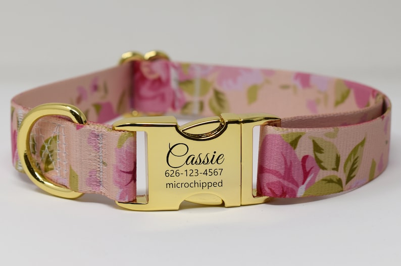 May include: A pink dog collar with a floral pattern and a gold buckle. The buckle is engraved with the name "Cassie", a phone number, and the word "microchipped".