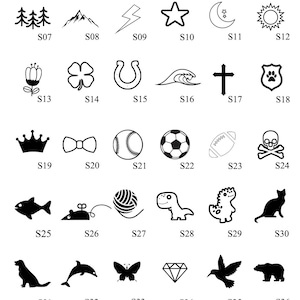 May include: A chart of 38 different black and white symbols, each with a unique design. The symbols are labeled with the letters "S" followed by a number from 01 to 38.