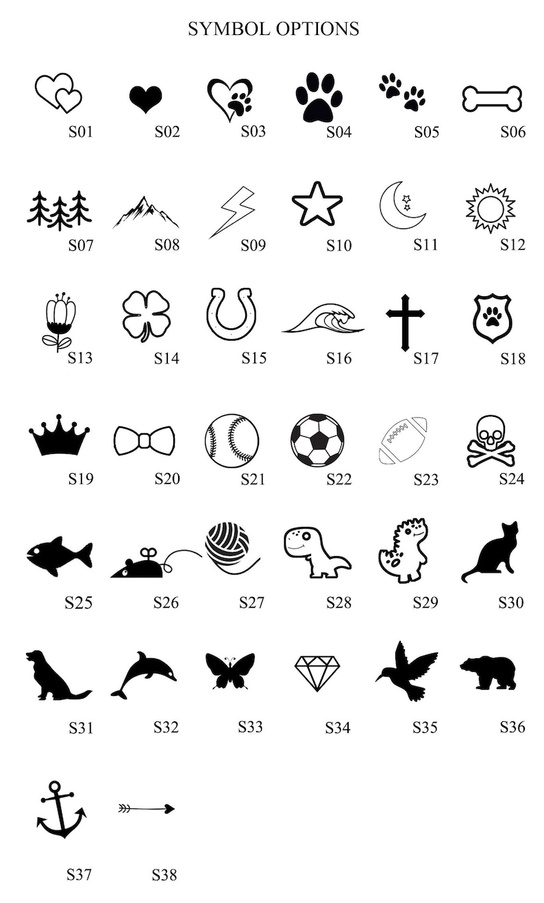 May include: A chart of 38 different black and white symbols, each with a unique design. The symbols are labeled with the letters "S" followed by a number from 01 to 38.