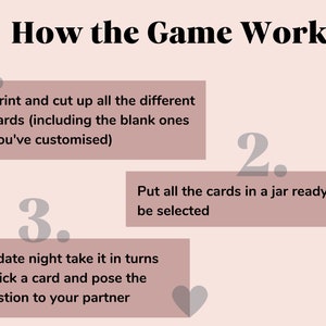 May include: Instructions for a date night game: 1. Print and cut out the cards. 2. Put the cards in a jar. 3. On date night, take turns picking a card and asking the question to your partner.
