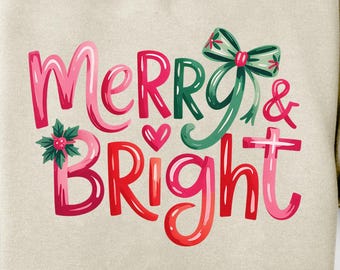 Pink Christmas PNG, Merry and Bright Holiday Design (Digital Download)
