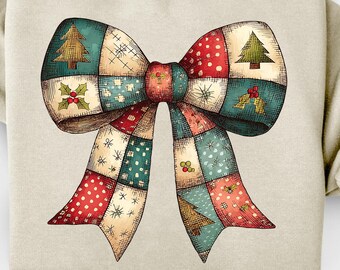 Vintage Patchwork Christmas Bow PNG: Rustic Holiday Clipart (Digital Download)