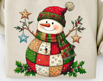 Retro Patchwork Snowman PNG: Christmas Clipart (Digital Download)