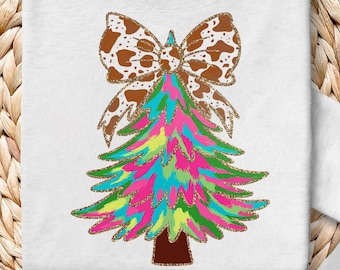 Colorful Christmas Tree Bow PNG, Girls Winter Design (Digital Download)