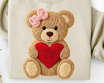 Faux Yarn Valentines Day Teddy Bear PNG, Coquette Heart Design Cozy Knit Valentine Sublimation