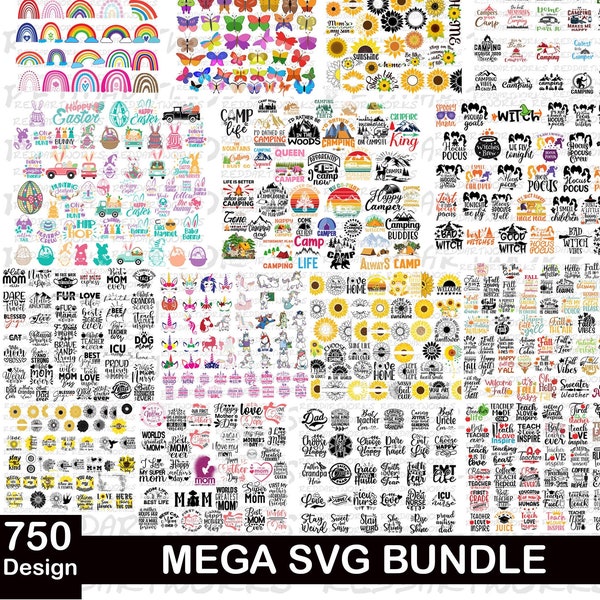 Bundle méga SVG, T Shirt dessins SVG, fichiers SVG pour Cricut, fichiers de coupe silhouette, cliparts, Svg pour chemises, 750 Design Svg Bundle, fichiers Svg