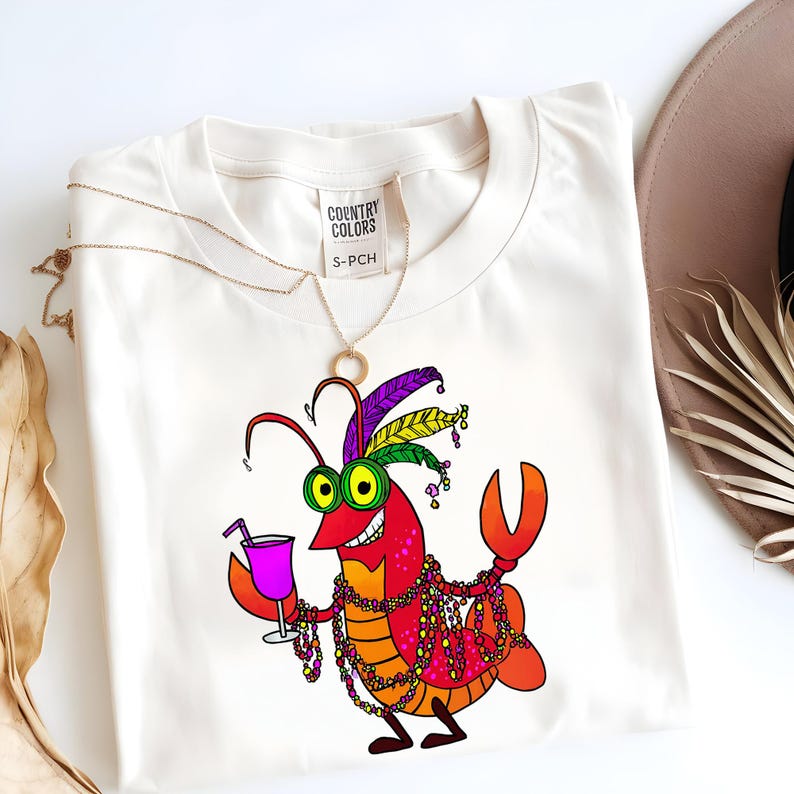 May include: Cream-colored t-shirt featuring a cartoon lobster with a cocktail, Mardi Gras beads, and a feathered headdress. The lobster is red, orange, and yellow with green eyes. The shirt has a tag that reads "COUNTRY COLORS" and "S-PCH".