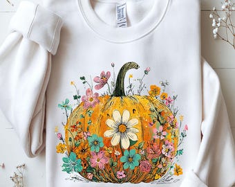 Floral Pumpkin PNG, Boho Fall Flowers, Halloween, Autumn Sublimation (Digital Download)