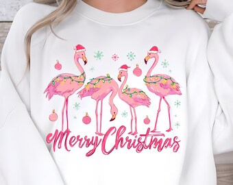 Merry Christmas Flamingo PNG, Santa Bow, Winter T-Shirt Design (Digital Download)