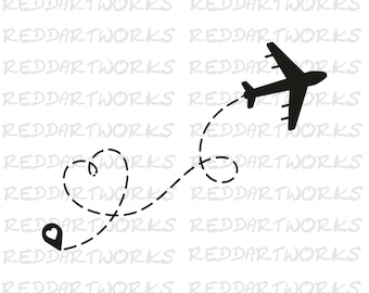 May include: A black airplane flies in a dotted line path to a heart shape. The heart shape is also made of a dotted line path. The heart shape has a small heart at the bottom.