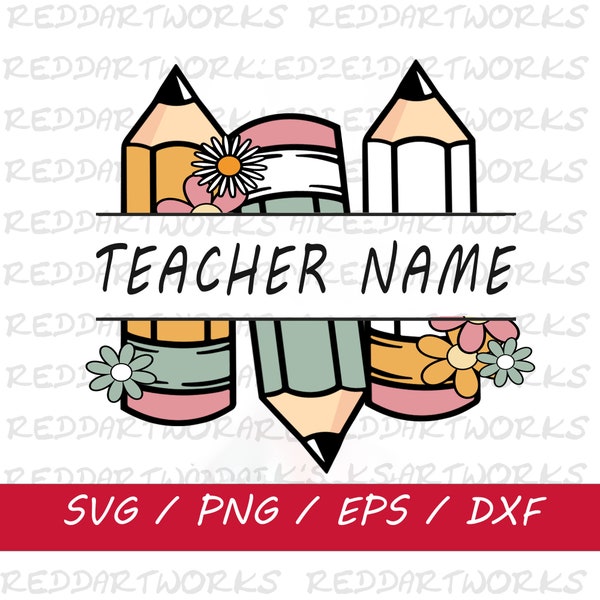 Pencil Name Frame SVG, Teacher SVG, School, Digital Download, Cut File, Pencil Split Monogram Frame, Sublimation, SVG Files For Cricut, Png