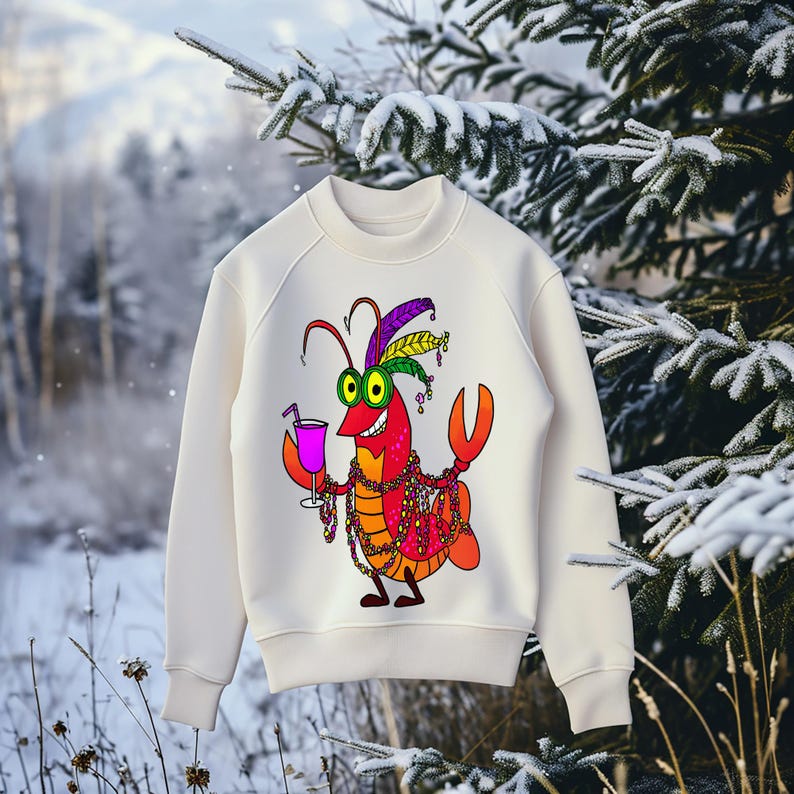 May include: Cream-colored sweatshirt featuring a cartoon crawfish with a festive design. The crawfish is red, orange, and yellow, holding a pink cocktail and wearing a Mardi Gras-style hat and beads. The background is a snowy winter scene.