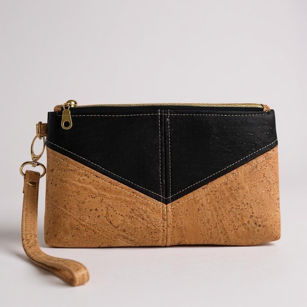 Waterproof Cork Wristlet: Vegan Clutch with Gold Hardware