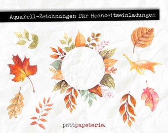 Set of watercolor drawings for wedding invitations: autumn leaves, foliage, leaves, twigs