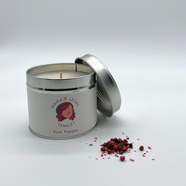 Mama Lesa Candle | Pink Pepper | Natural Soy Wax | 30 Hours | Handmade | Vegan | Silver Tin | Peak District Derbyshire England UK