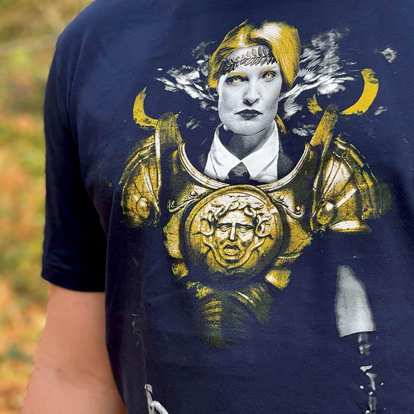 Premium T-shirt Short sleeve Unisex, Navy and Gold (non metallic), 100% Organic Cotton, screen print Mythology - Minerva the Untamed