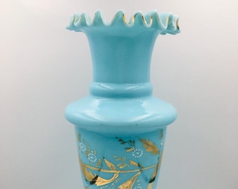 Nice French vase in blue glass enamelled with a white floral decoration all finesse  refined decoration