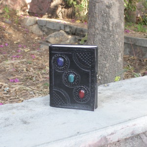 leather Journal diary, 3 Stone ,handmade, embossed, chakra leather Journal ,notebook Black color leather handcrafted journal Book of Shadow