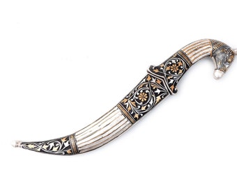 Indo-Persian Mughal Islamic Turkish Damascus Blank Blade Dagger silver Gold inlay Work With Engraving Kard Khanjar Jambiya Horse Face