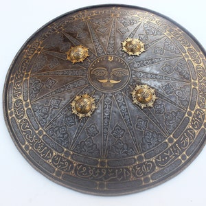 Vintage Islamic iron Kufic Indian sun shield dhal no kulah khud quran script 18&quot;