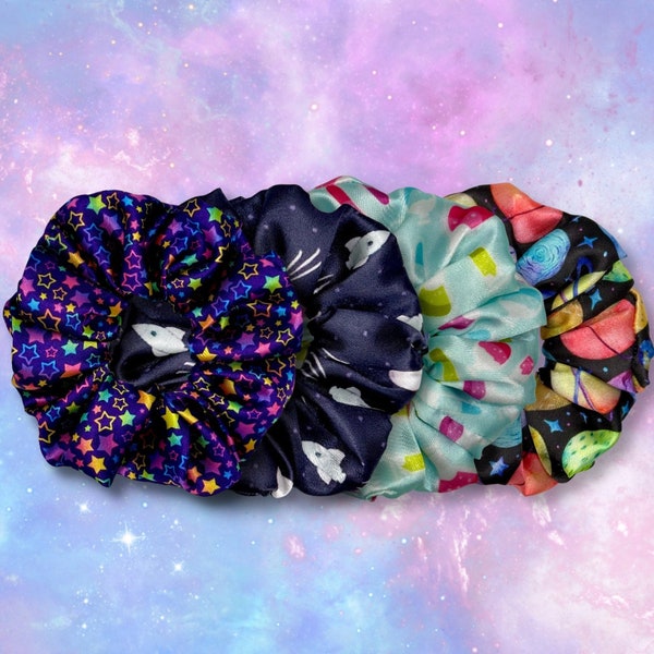 Science Scrunchies / Space Ships Planets Galaxy Shooting Stars Chemistry Vial Solar System MilkyWay Rainbow Purple Blue Satin