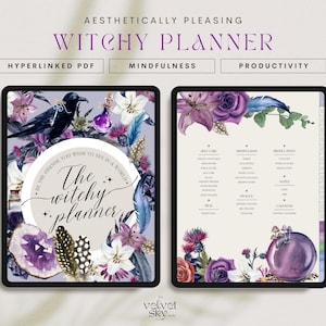 Può includere: Un planner digitale con un design floreale viola, nero e bianco. Il planner è aperto a una pagina con sezioni per l'auto-cura, la consapevolezza, la produttività, le finanze, i pasti e il calendario. Il testo "The witchy planner" è presente sulla copertina.