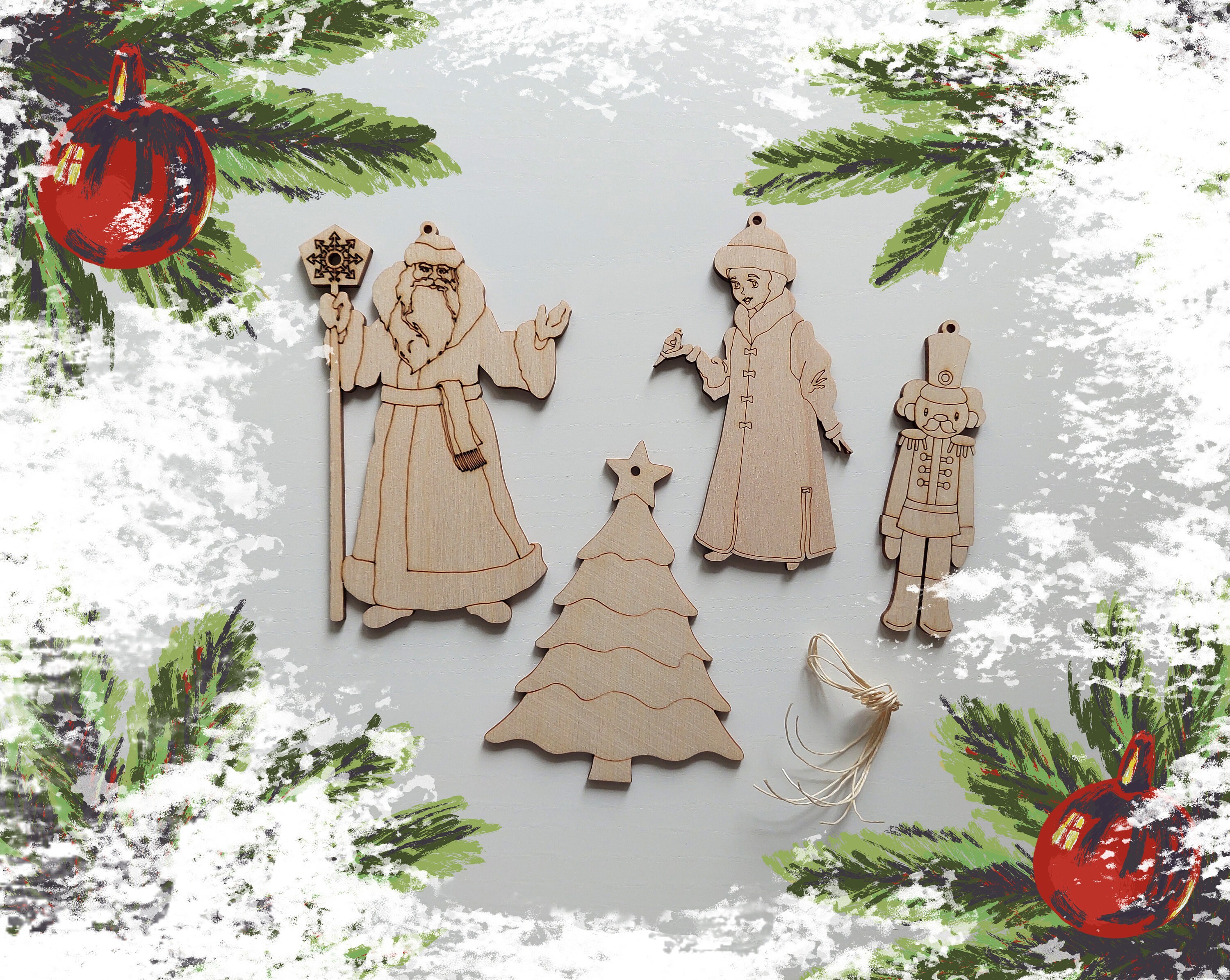Plywood Christmas Ornaments Set Raw Wood Xmas Tree Toy 4  Etsy