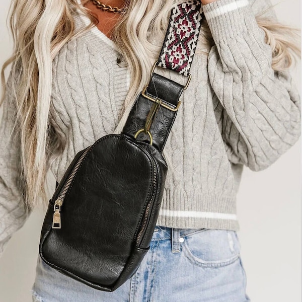 Small Sling Bag for Women Crossbody Purse, Trendy Leather Fanny Packs Cross Body 2023, Chest Bags with Guitar Strap