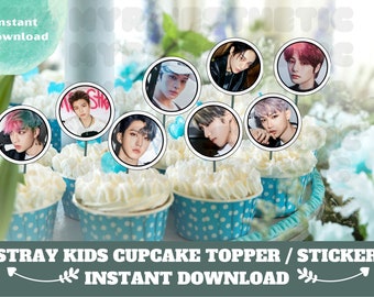 Op de afbeelding: Acht ronde cupcake-toppers met afbeeldingen van de leden van de K-pop-groep Stray Kids. De toppers zijn gedrukt op witte cirkels met een zwarte rand.