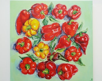 Original Pepper Oil Painting, Kitchen Still Life Art, 18x18