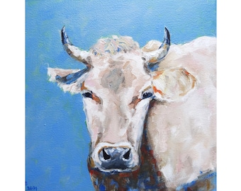 Cow Painting, Farmhouse Wall Art, Original Oil on Canvas (10x10)