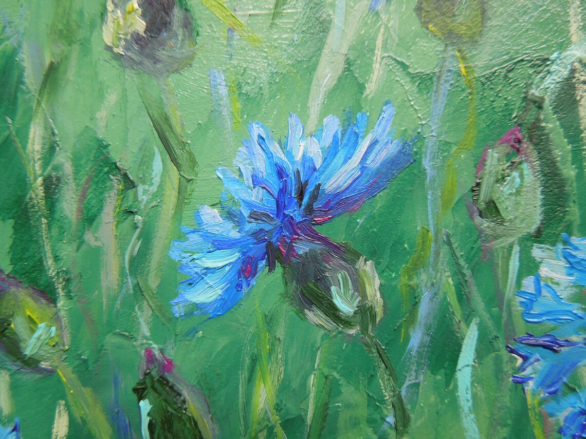 Original cornflower oil painting Meadow blue flowers wall art Etsy