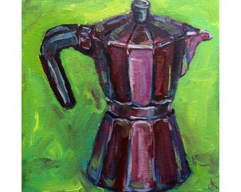 Coffee Painting Italian Espresso Maker Original Art 8 by 8 Kitchen Still life AnnaSoulArt