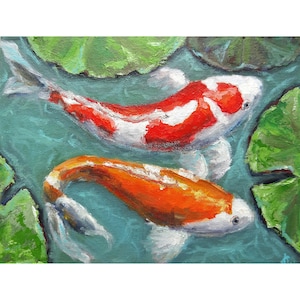 Koi Painting Fish Original Art 8&quot; by 6&quot; Pond Carp Artwork Asian Wall Art by AnnaSoulArt
