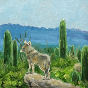 Desert Painting Сoyote Original Art 6 by 6 Arizona Cactus Art Sunset Art Southwest Landscape Wall Art by AnnaSoulArt