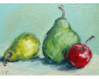 May include: A still life painting of two green pears and a red apple on a light blue background.