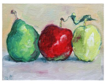 May include: A still life painting of a green pear, a red apple, and a green apple. The fruit is arranged in a row on a white surface.