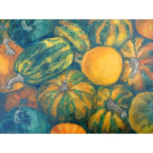 Pumpkin Painting Fall Original Art 24 by 32 Autumn Painting Still life Vegetable Wall Art Nature Art Kitchen Artwork by AnnaSoulArt